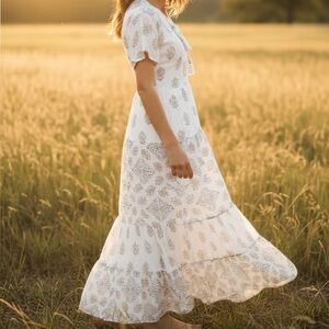 Sundance Ivory Block Print Tiered Maxi Dress Boho Prairie Made in India Tassel S